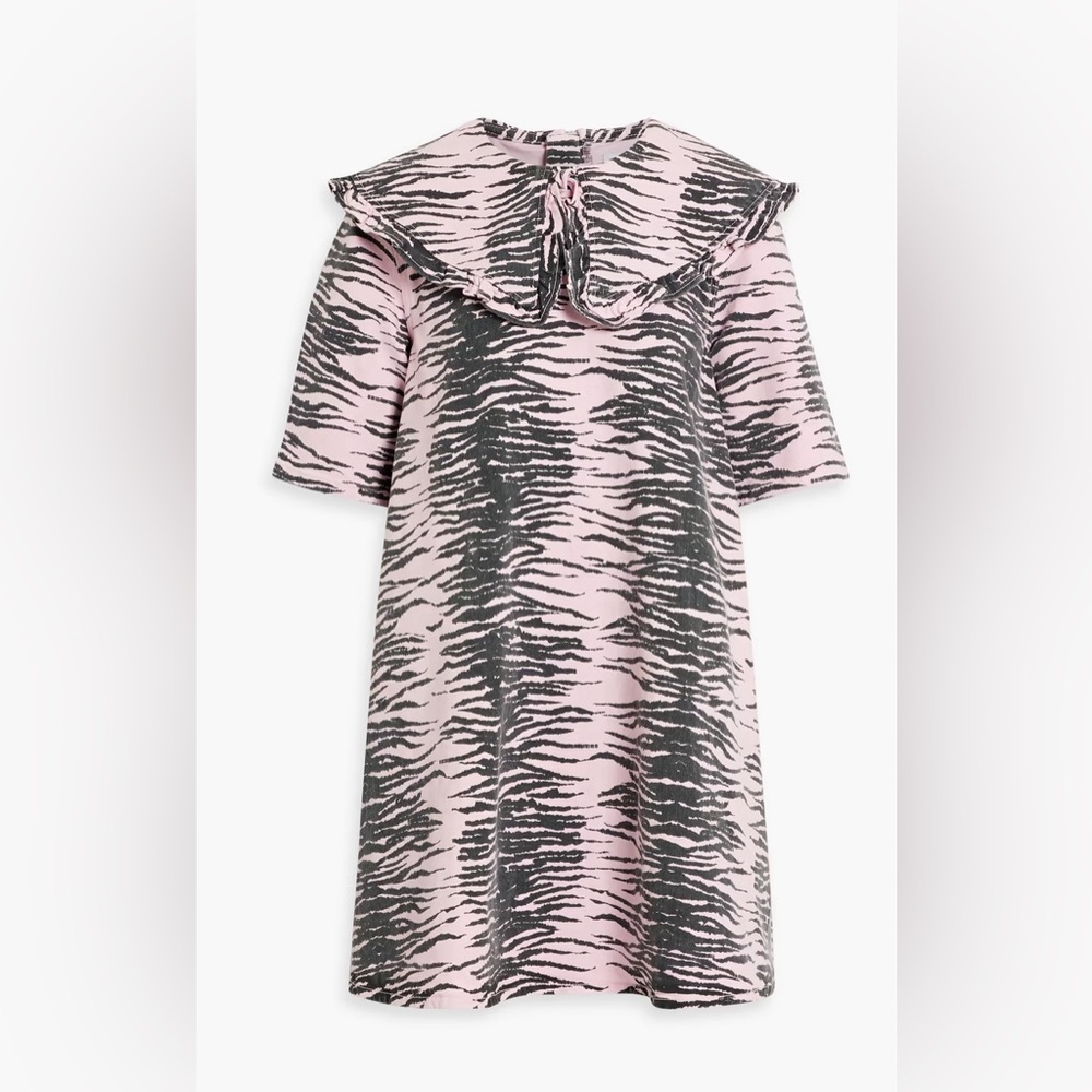 Ganni Ruffle-trimmed tiger-print denim mini dress